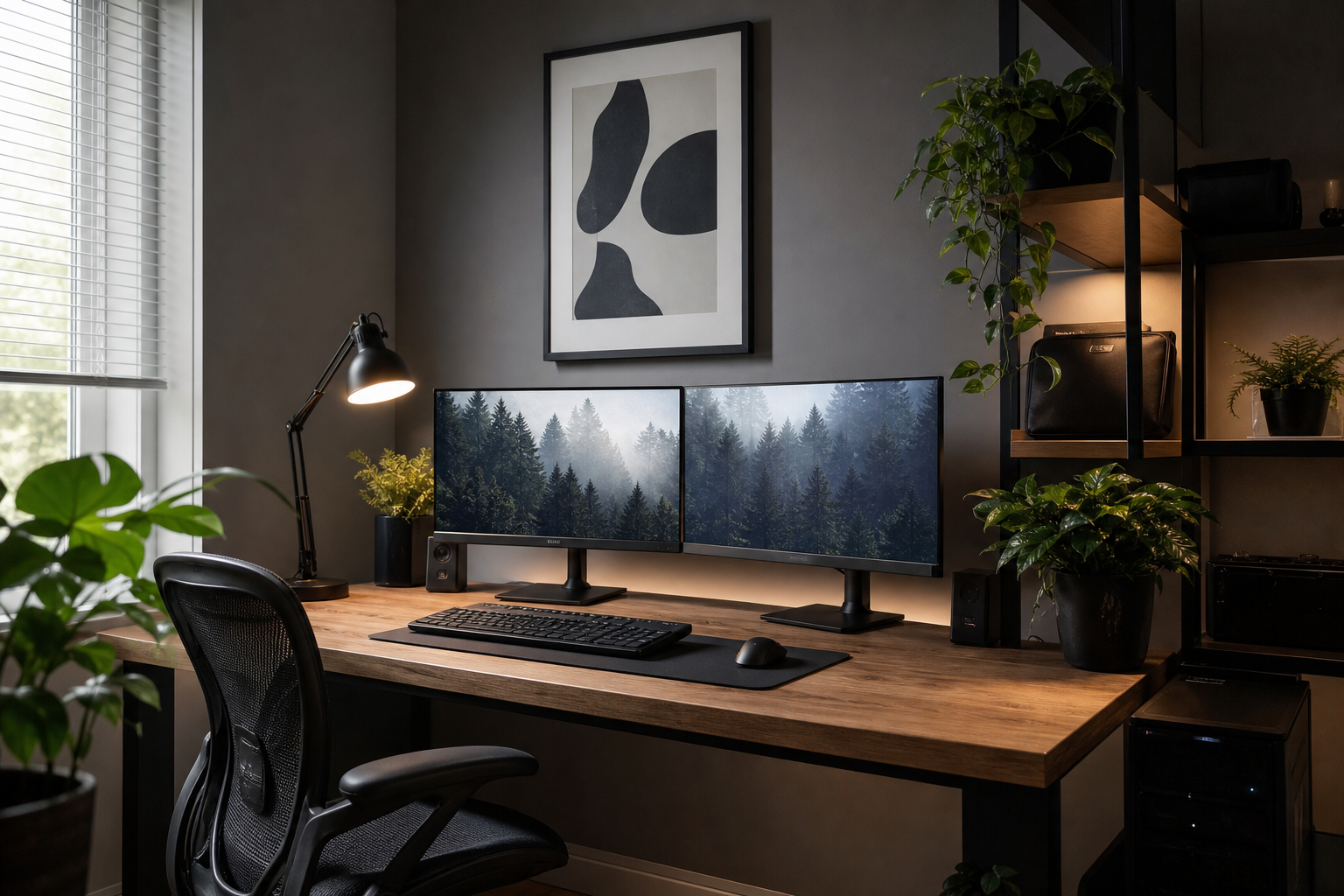 Anime-inspired black and white art above a desk setup