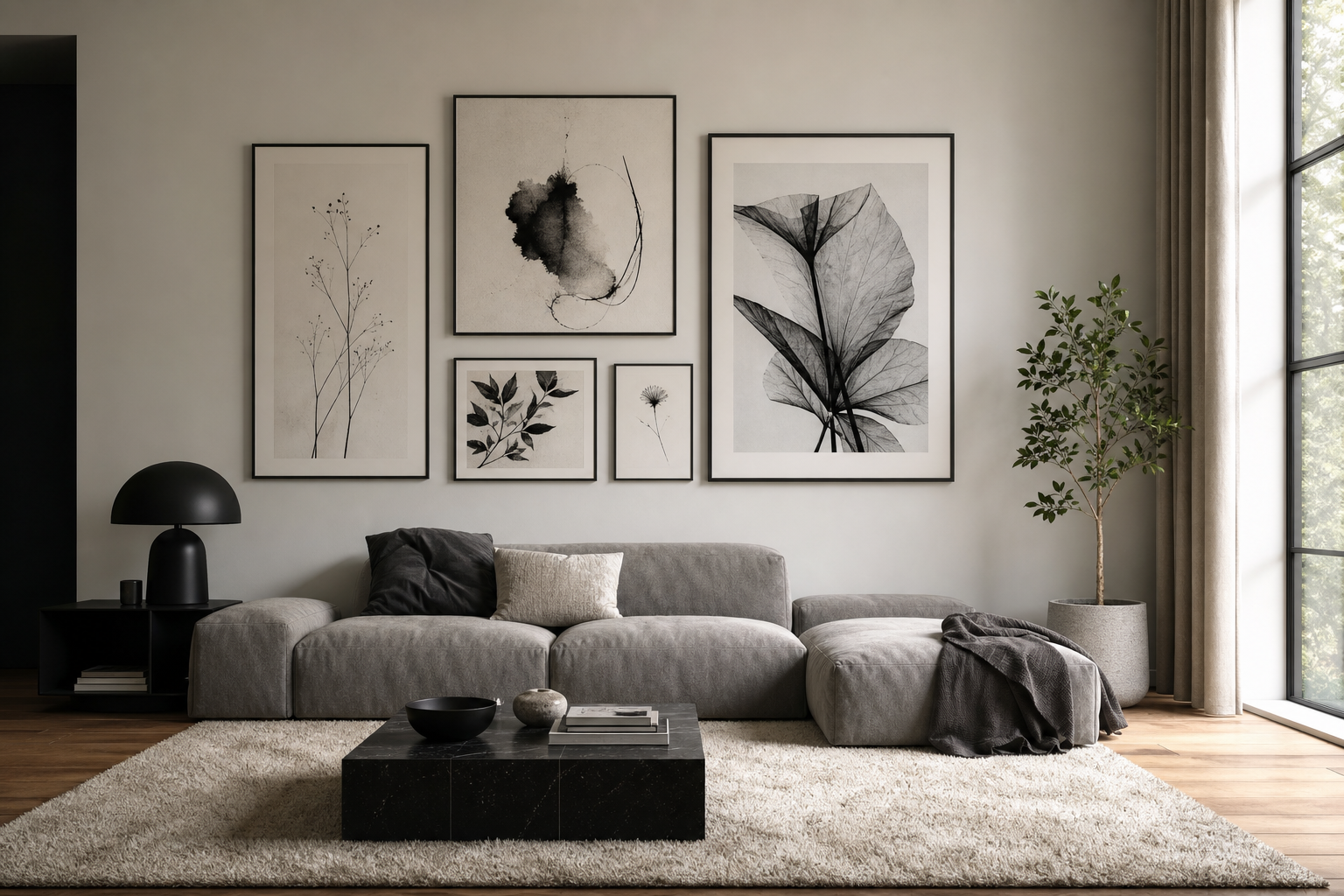 Monochrome anime gallery wall in a living room