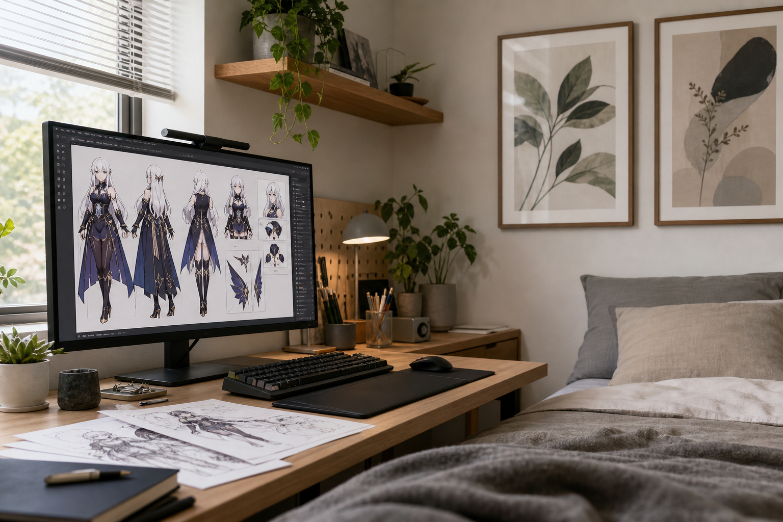 Neat desk with completed character sheet presentation and anime-inspired room decor