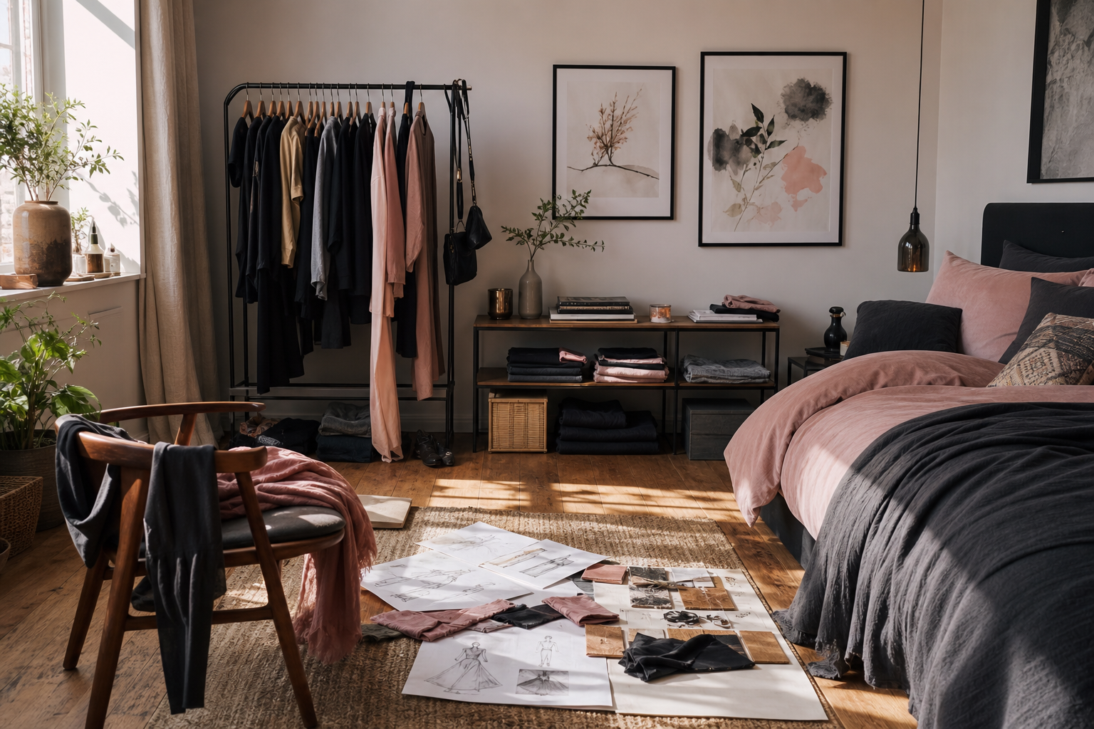 Bedroom mood with anime-inspired fashion references and framed character art