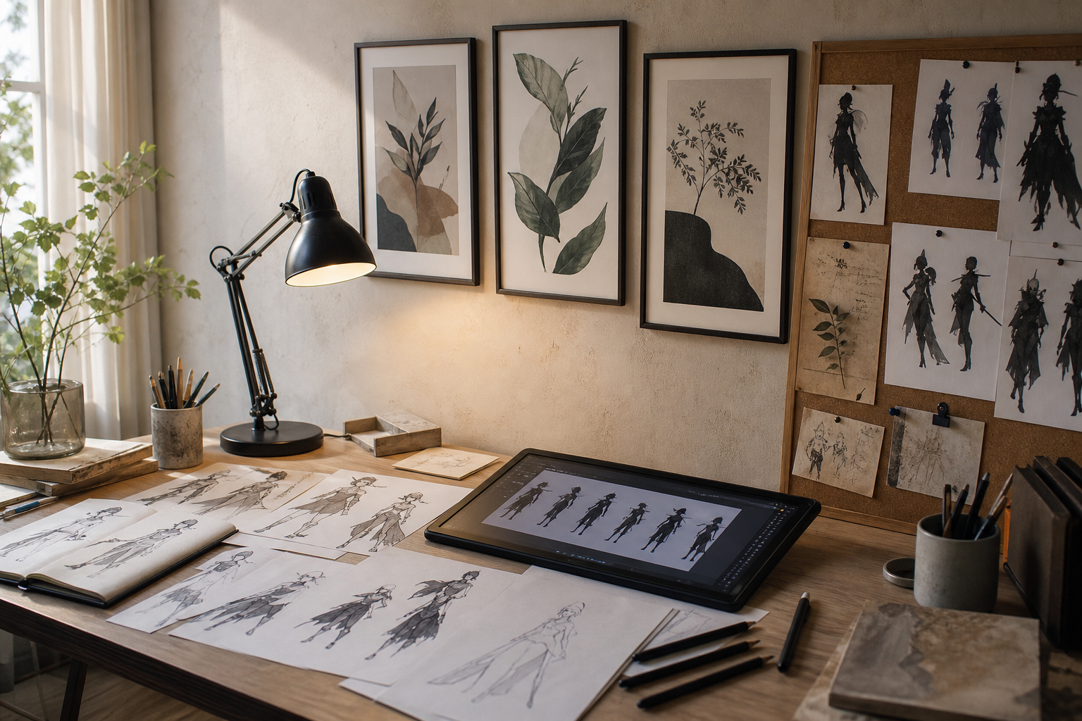 Artist desk with character silhouette sketches and anime wall art