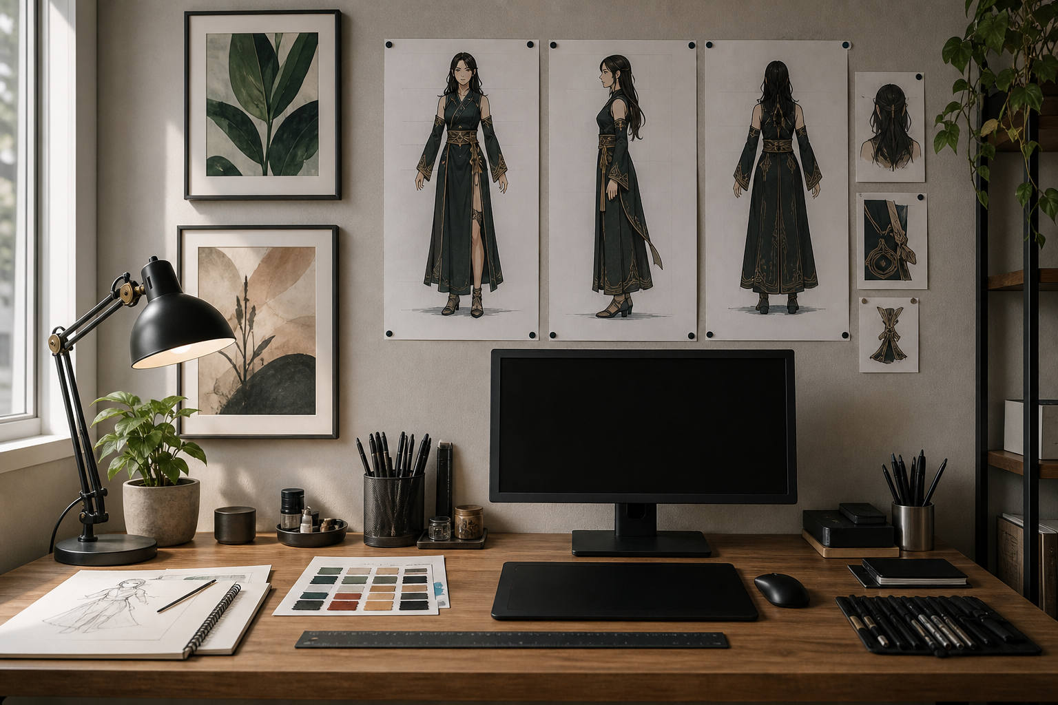 Creative studio wall with pinned character turnarounds and organized drawing materials