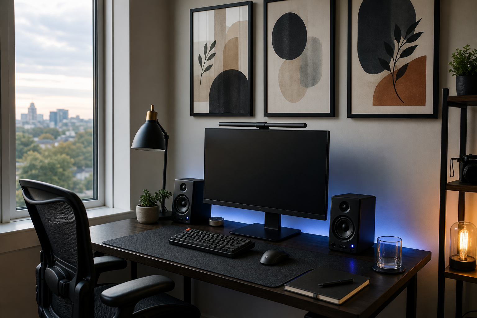 Desk area with anime-inspired framed art above monitor