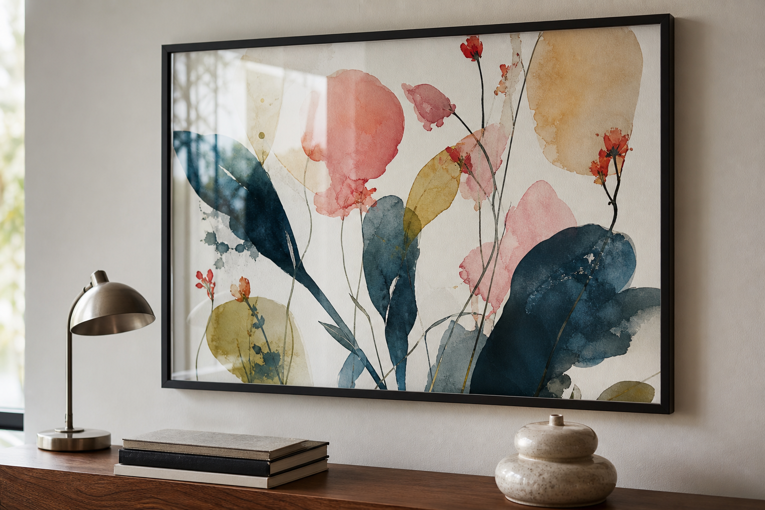 Close-up of black frame and anime-style print in modern interior