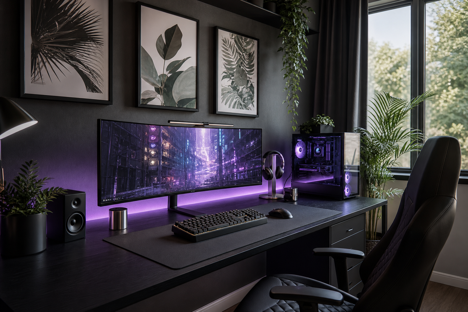 Gaming setup with dark anime-inspired wall art and neon lighting