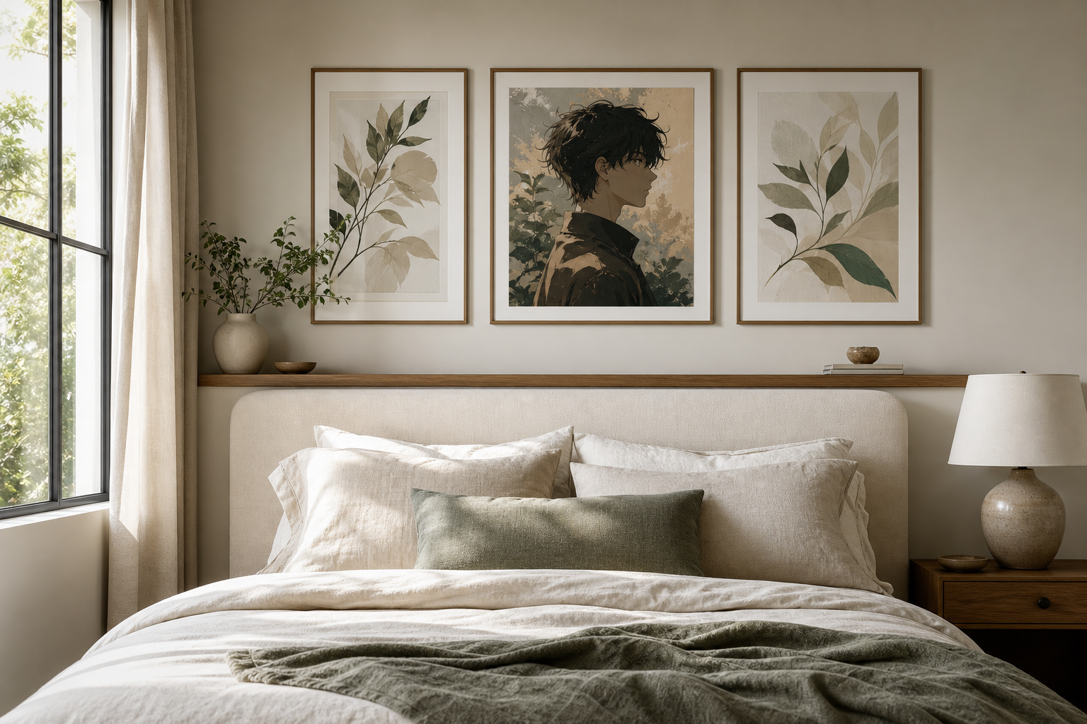 Example of a pastel anime wall arrangement above a bed