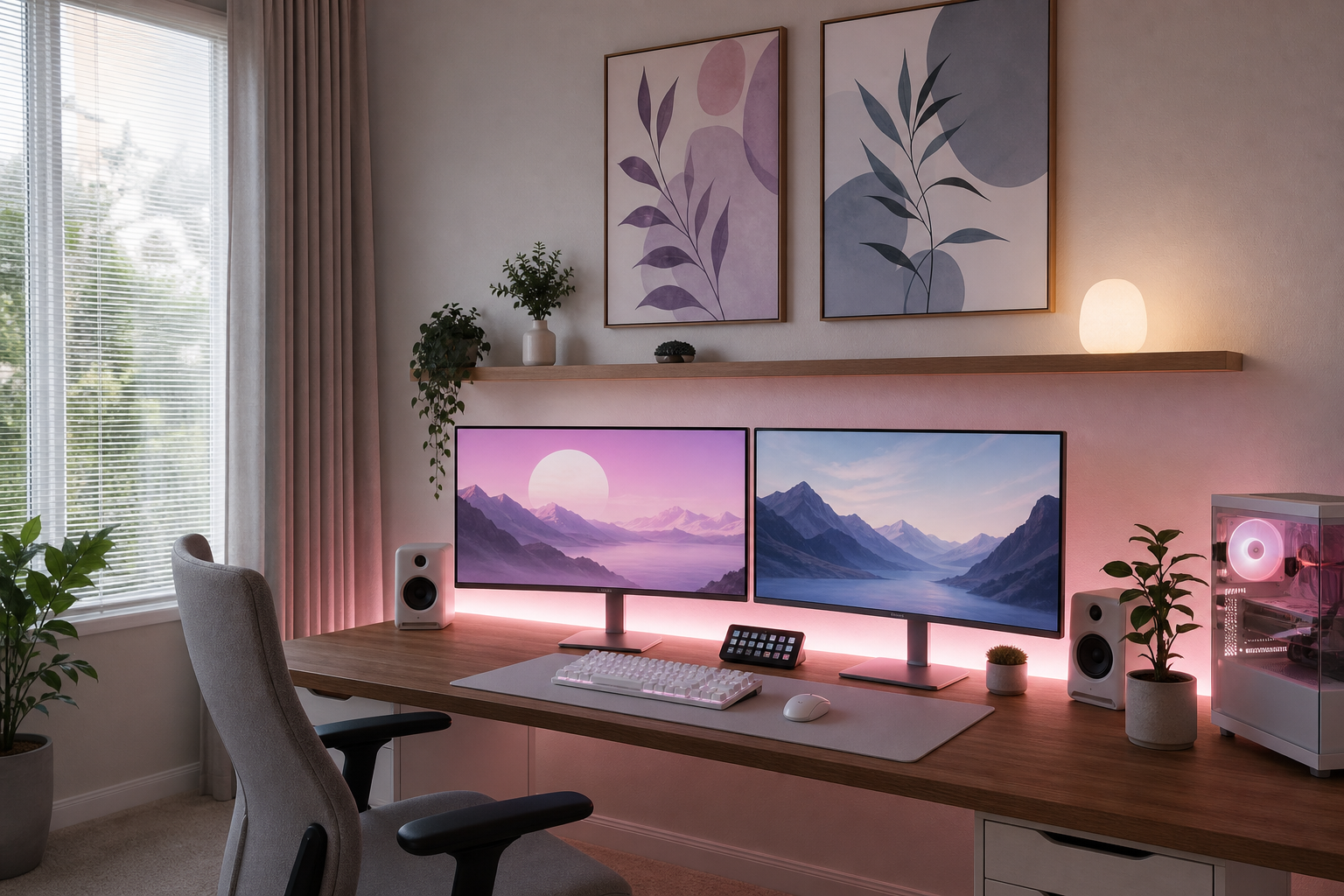 Pastel gaming desk with anime-inspired wall art
