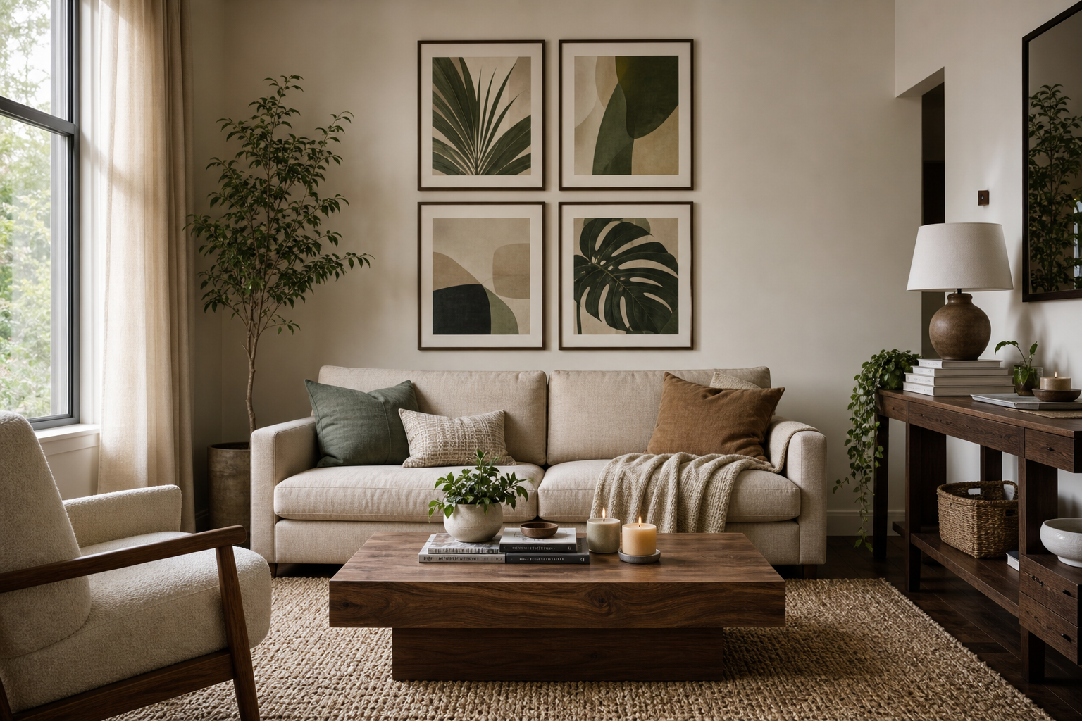 Living room wall with balanced four-frame anime arrangement