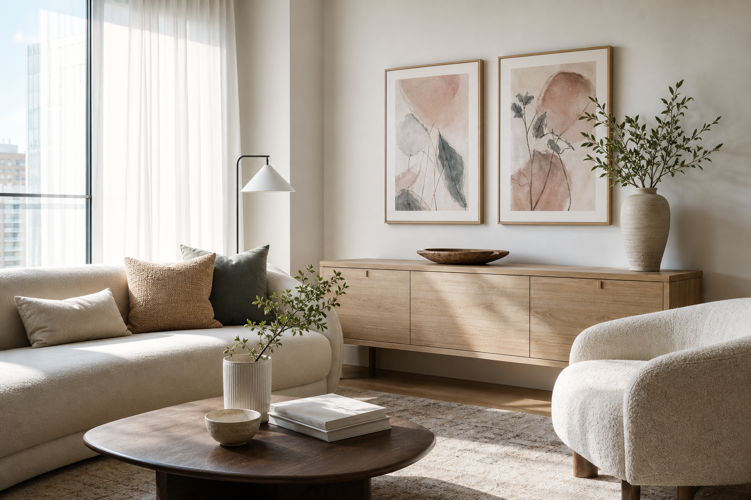 Light living room with anime-inspired art in soft tones