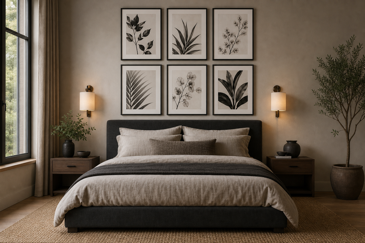 Bedroom wall with a balanced black and white anime arrangement above the bed