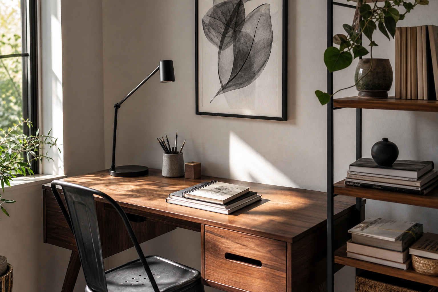 Monochrome anime portrait above a study desk