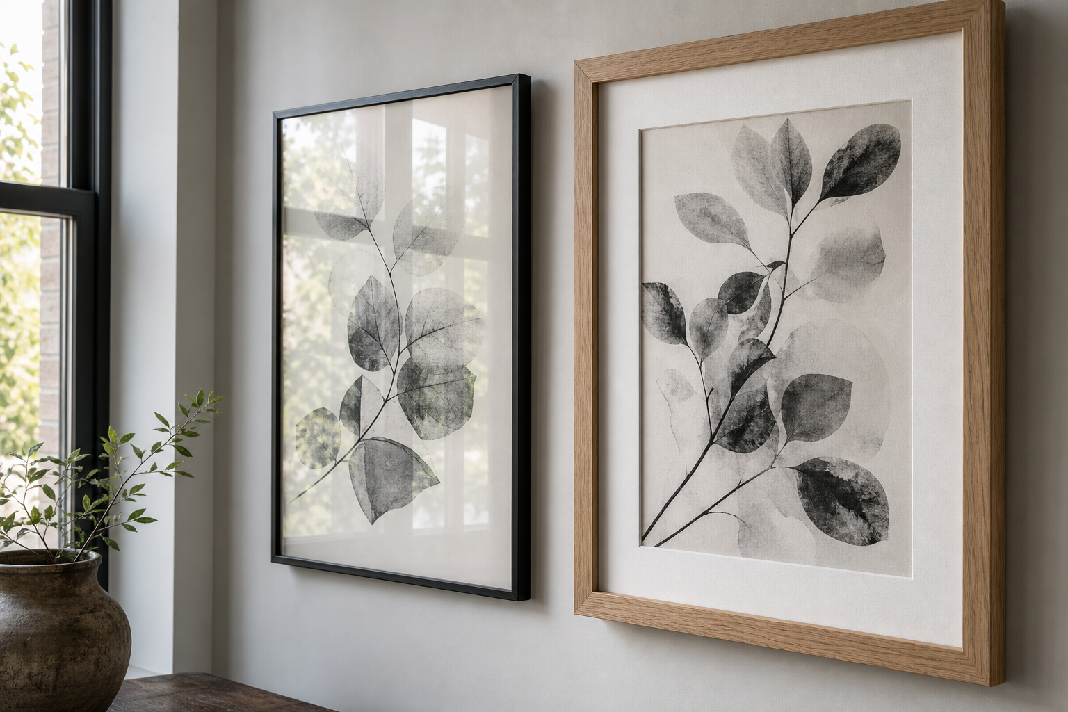 Close-up of black and oak frames around monochrome anime wall art