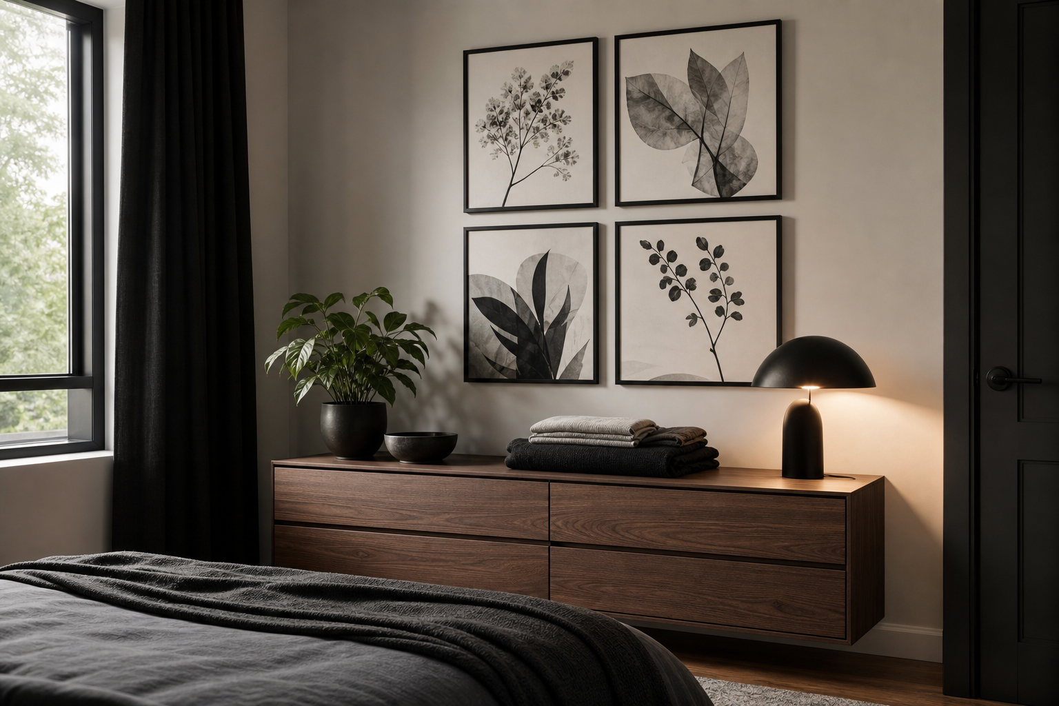 Anime-inspired gallery wall in a modern bedroom corner