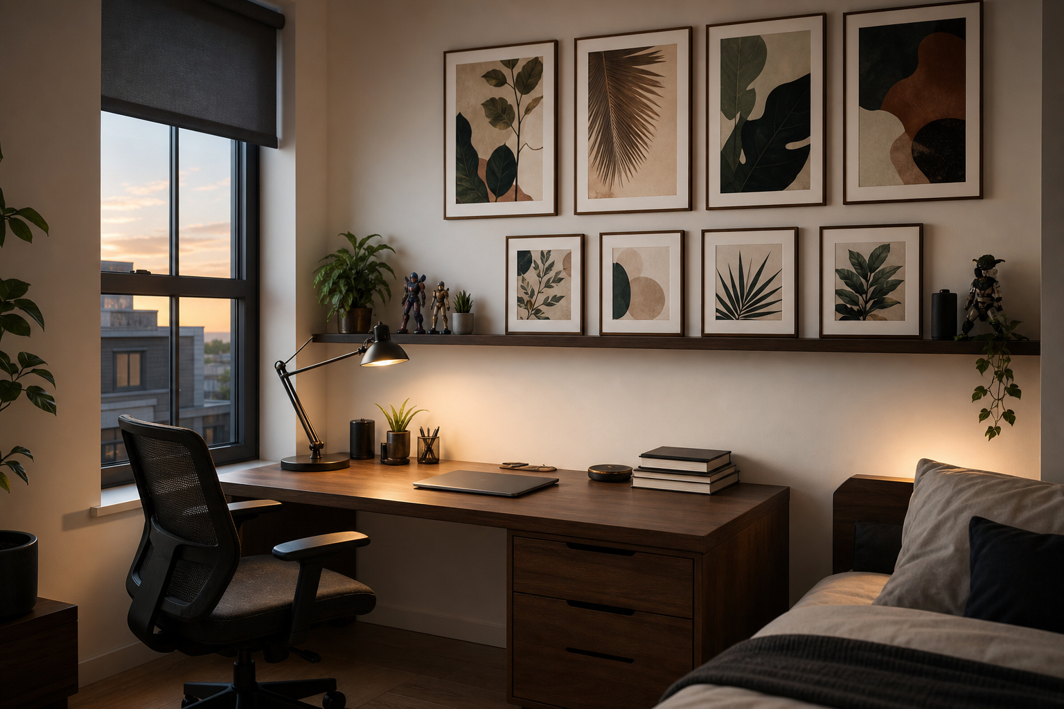 Anime-style gallery wall arranged above a desk and shelf