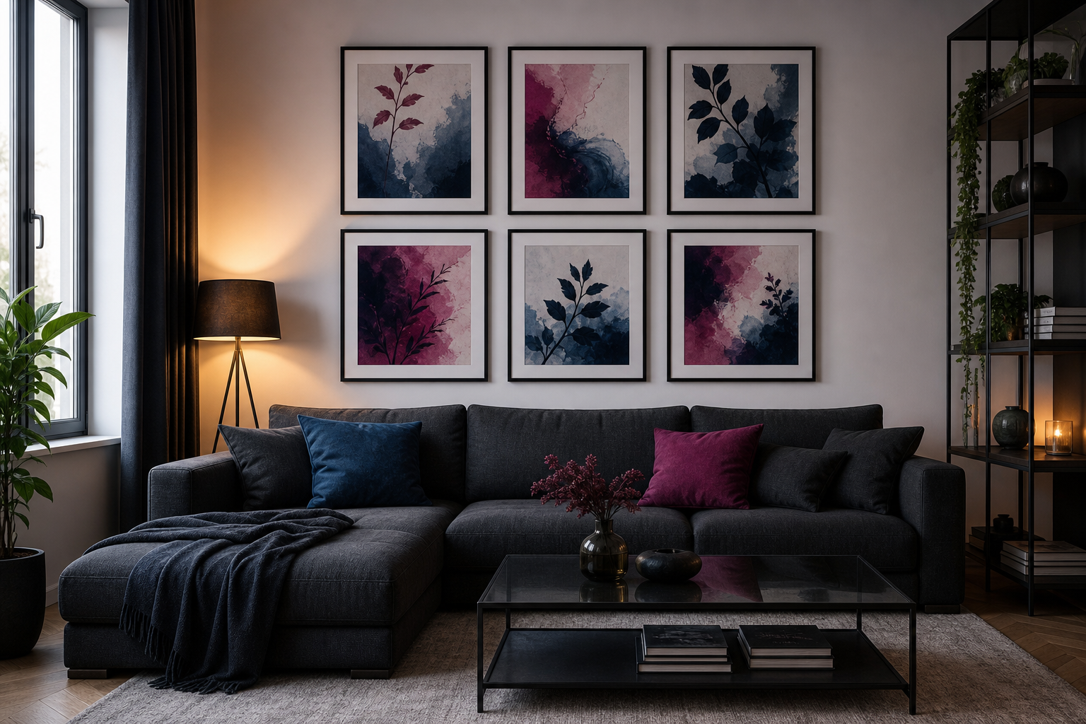 Living room with anime-inspired framed wall art in coordinated colors