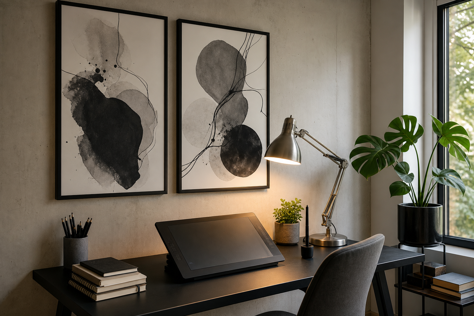 Creative studio desk with monochrome anime wall art and dark accessories