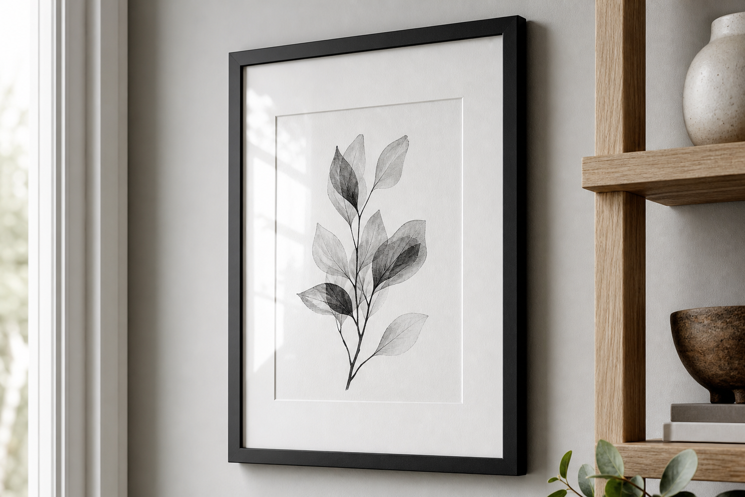 Close-up of black frame and white mat around monochrome anime art