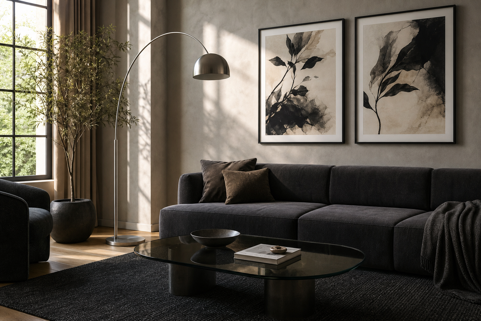 Monochrome anime art above a charcoal sofa in a modern living room