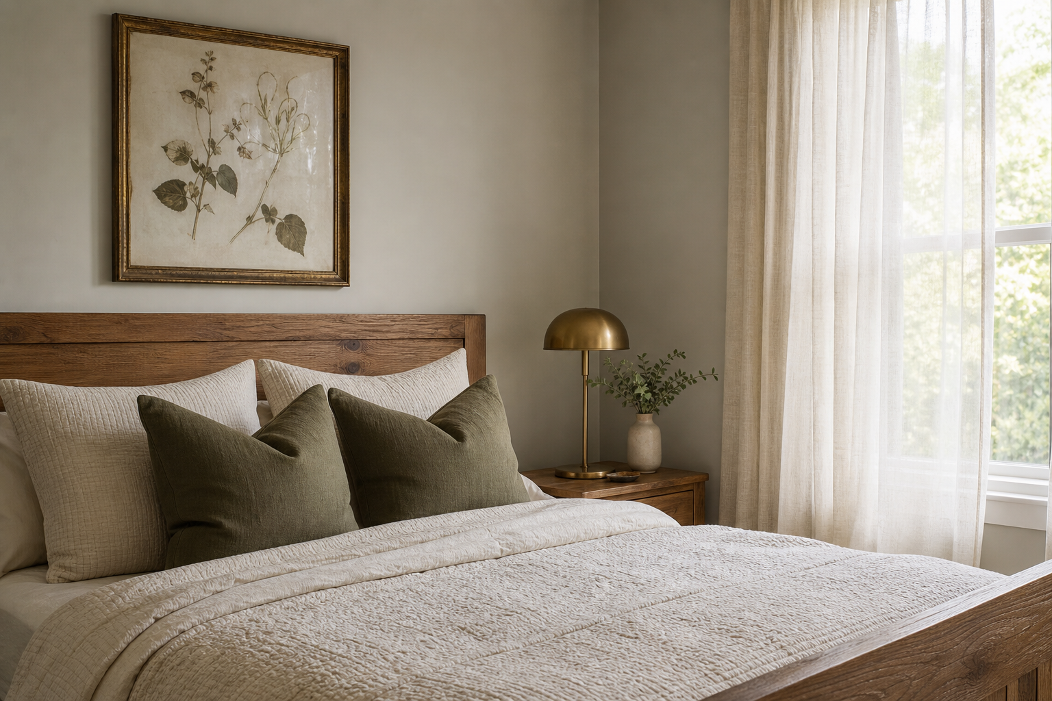 Bedroom with antique-style framed wall art and soft layered textiles