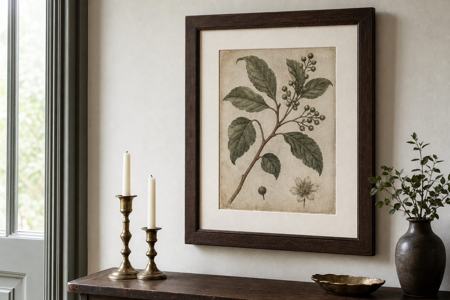 Close-up of antique-style framed art with wood frame and mount