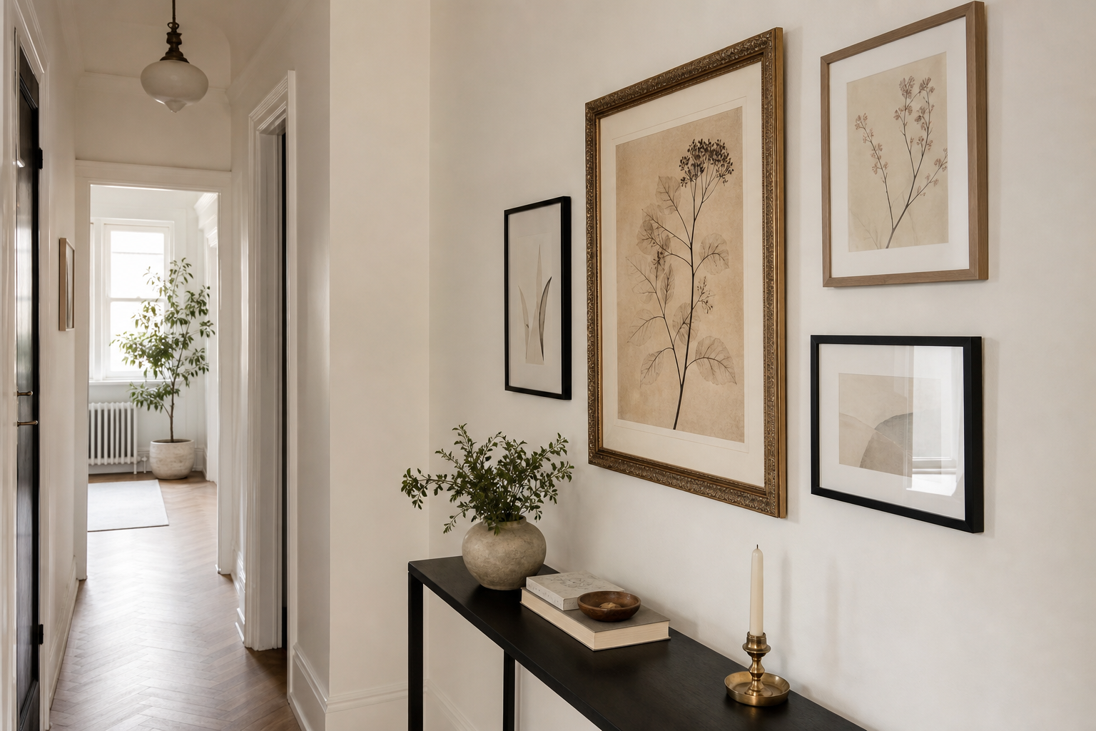 Hallway gallery wall with one antique print and supporting framed art
