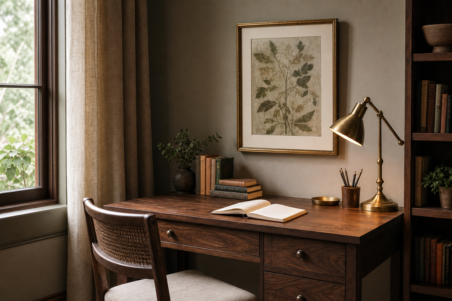 Vintage study corner with framed antique print above a wooden desk