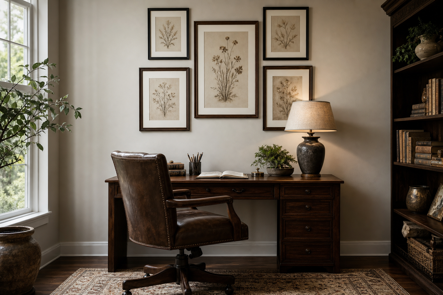 Gallery wall with antique-inspired art in a study