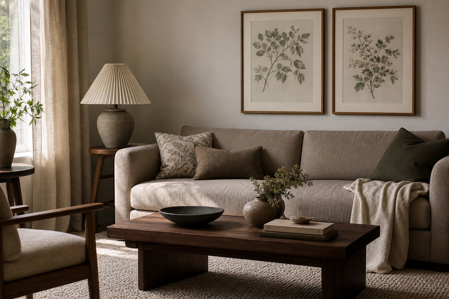 Antique wall art in a traditional-modern living room