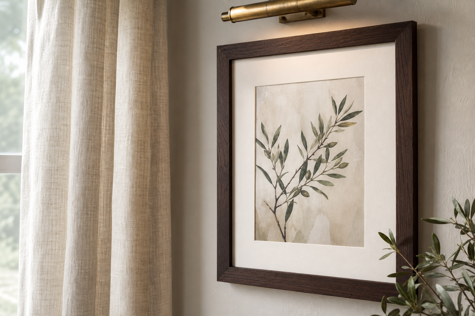 Close-up of antique-style frame materials and matting on textured wall