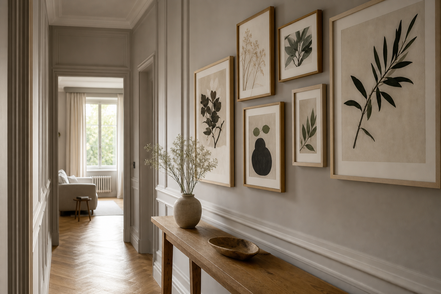 Hallway gallery wall combining antique-inspired framed art in balanced layout