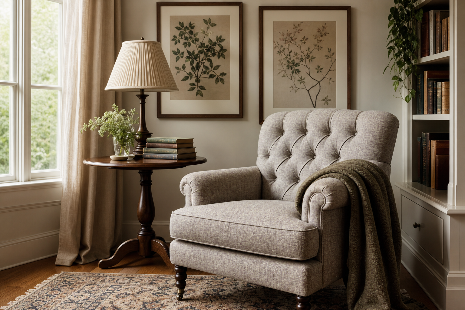 Reading corner with antique-style wall art and warm traditional details