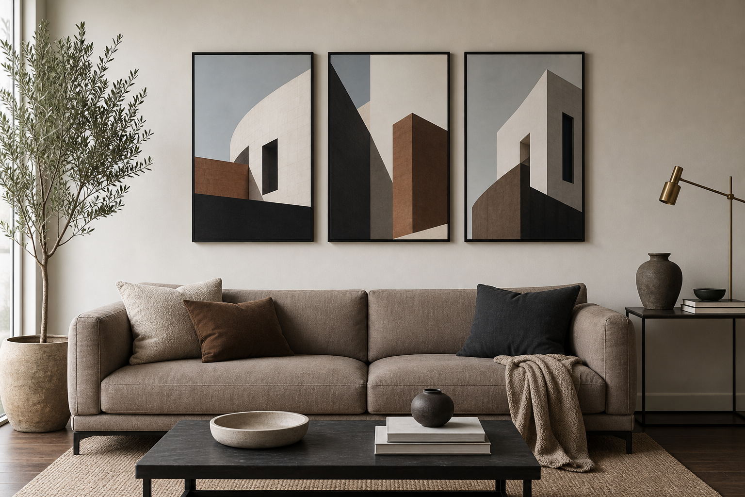 Architectural art arrangement above a living room sofa