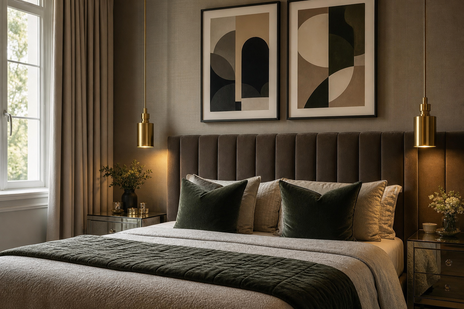 Art Deco bedroom with layered vintage-inspired details and framed prints