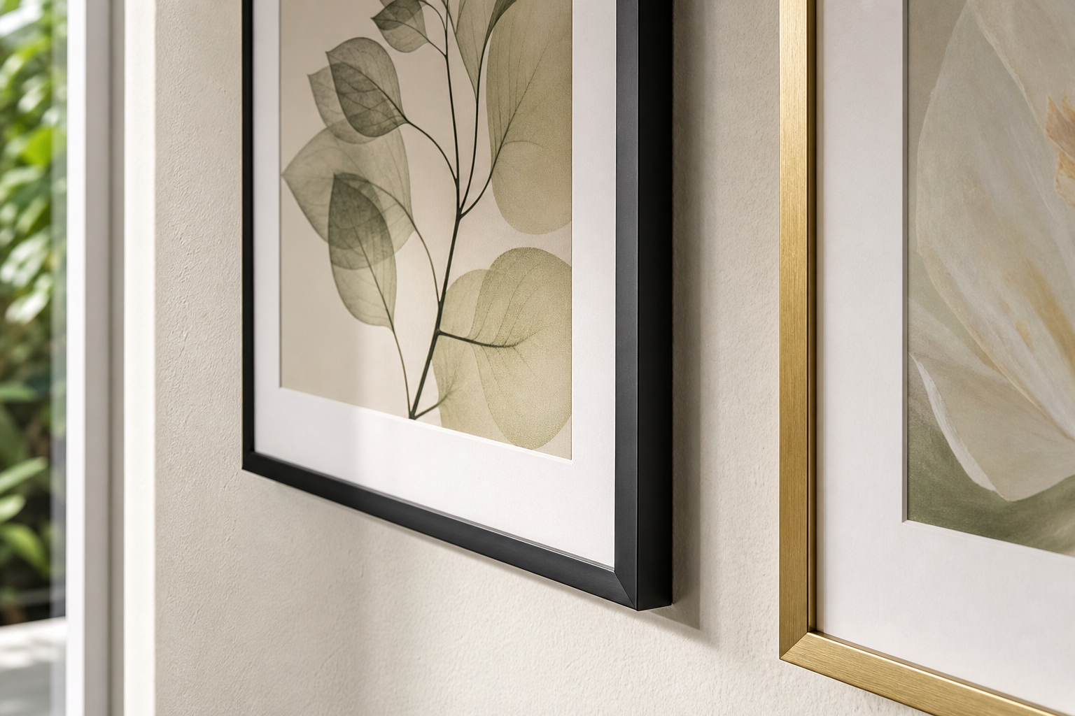 Close-up of black and brass frames around vintage feminine artwork