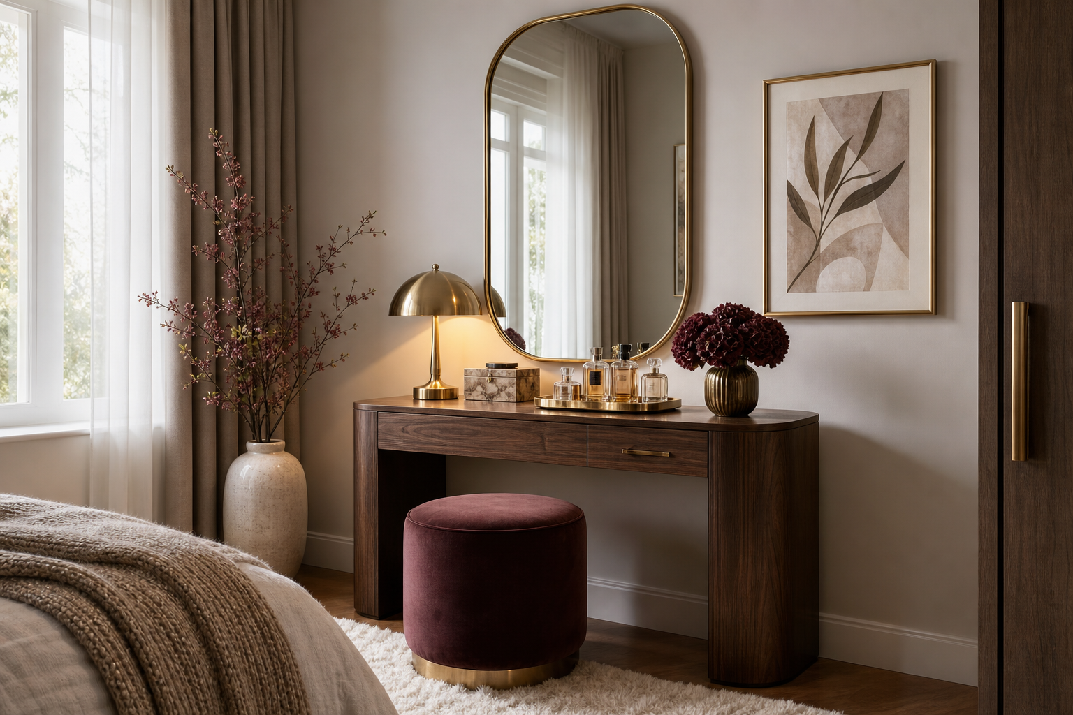 Dressing corner with deco-inspired feminine wall art and mirror