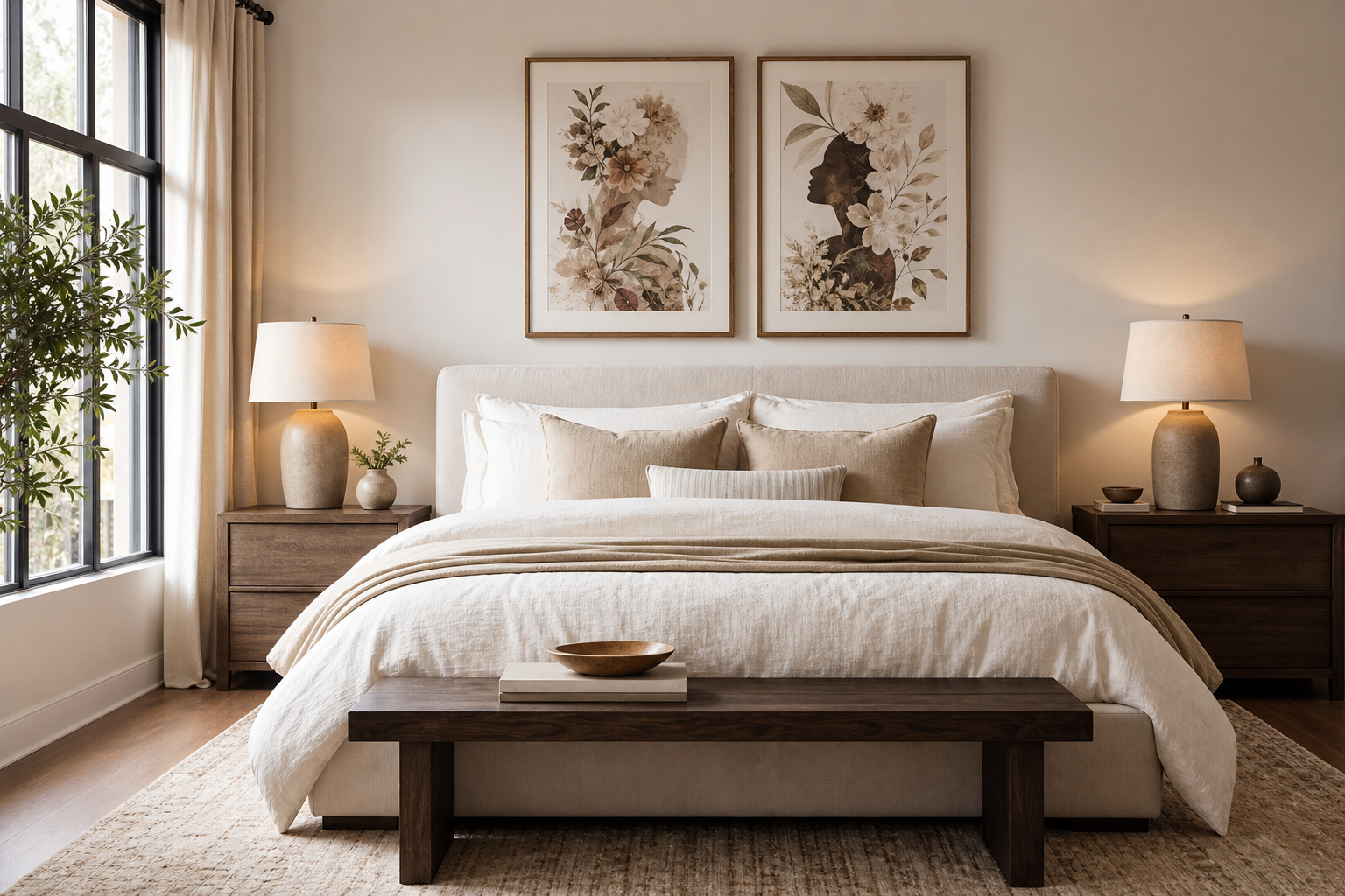 Bedroom with paired decorative vintage-style framed art above bed