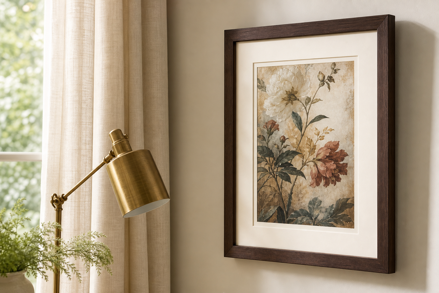 Close-up of wood frame and matting around decorative wall art