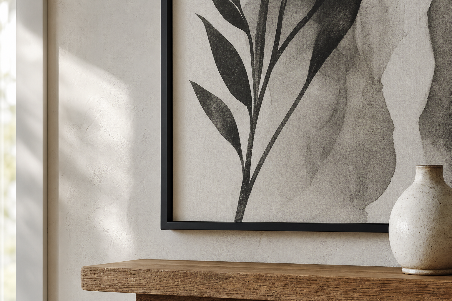 Close-up of black frame and monochrome art print