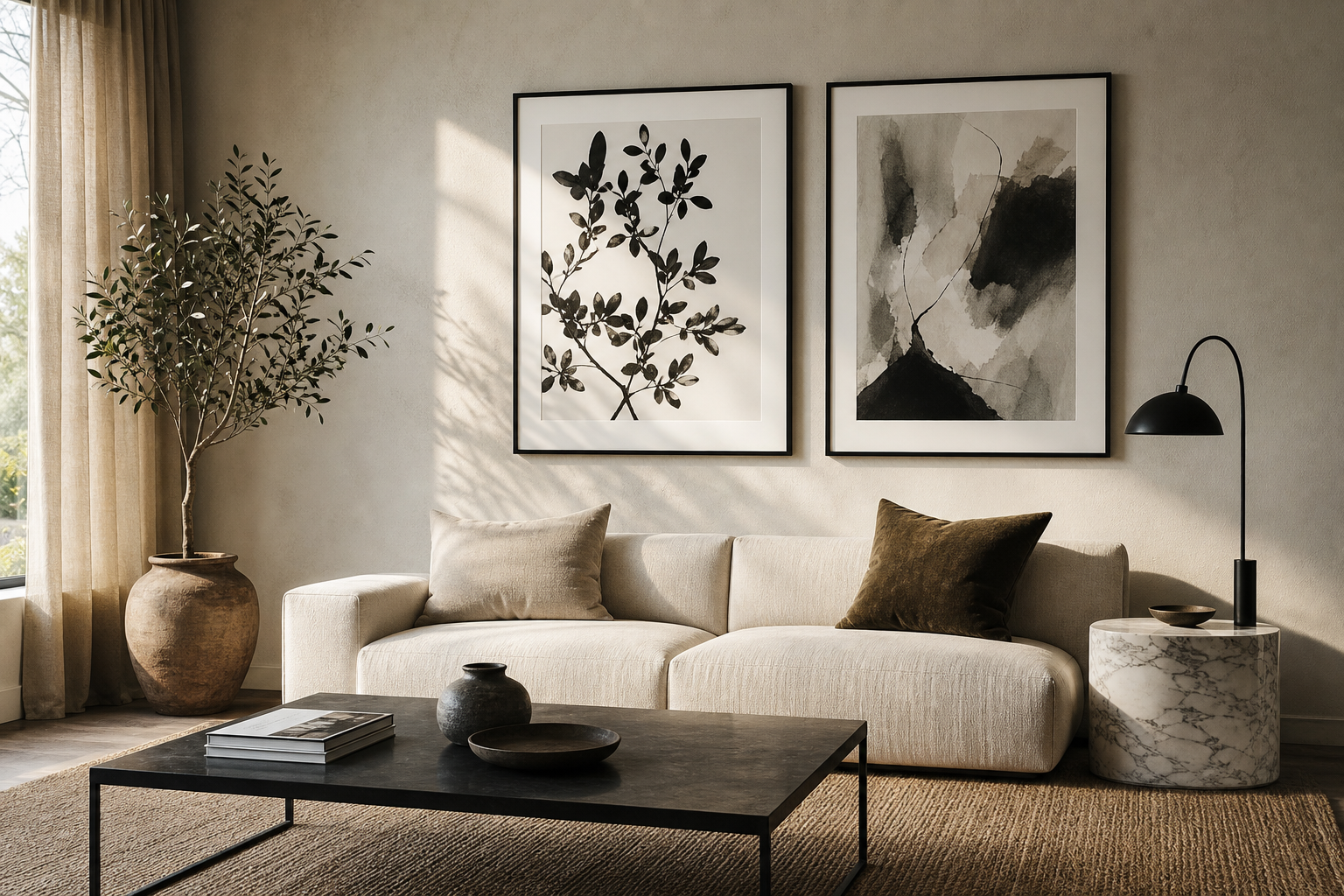 Living room with symmetrical black and white wall arrangement