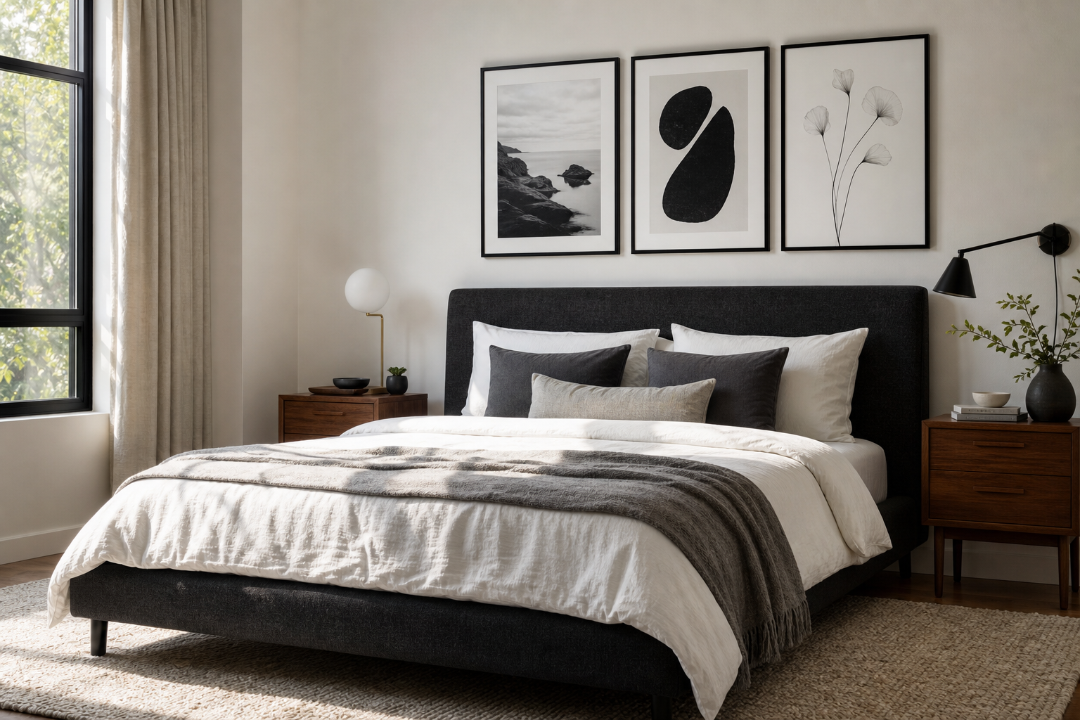 Bedroom with mixed monochrome artwork styles