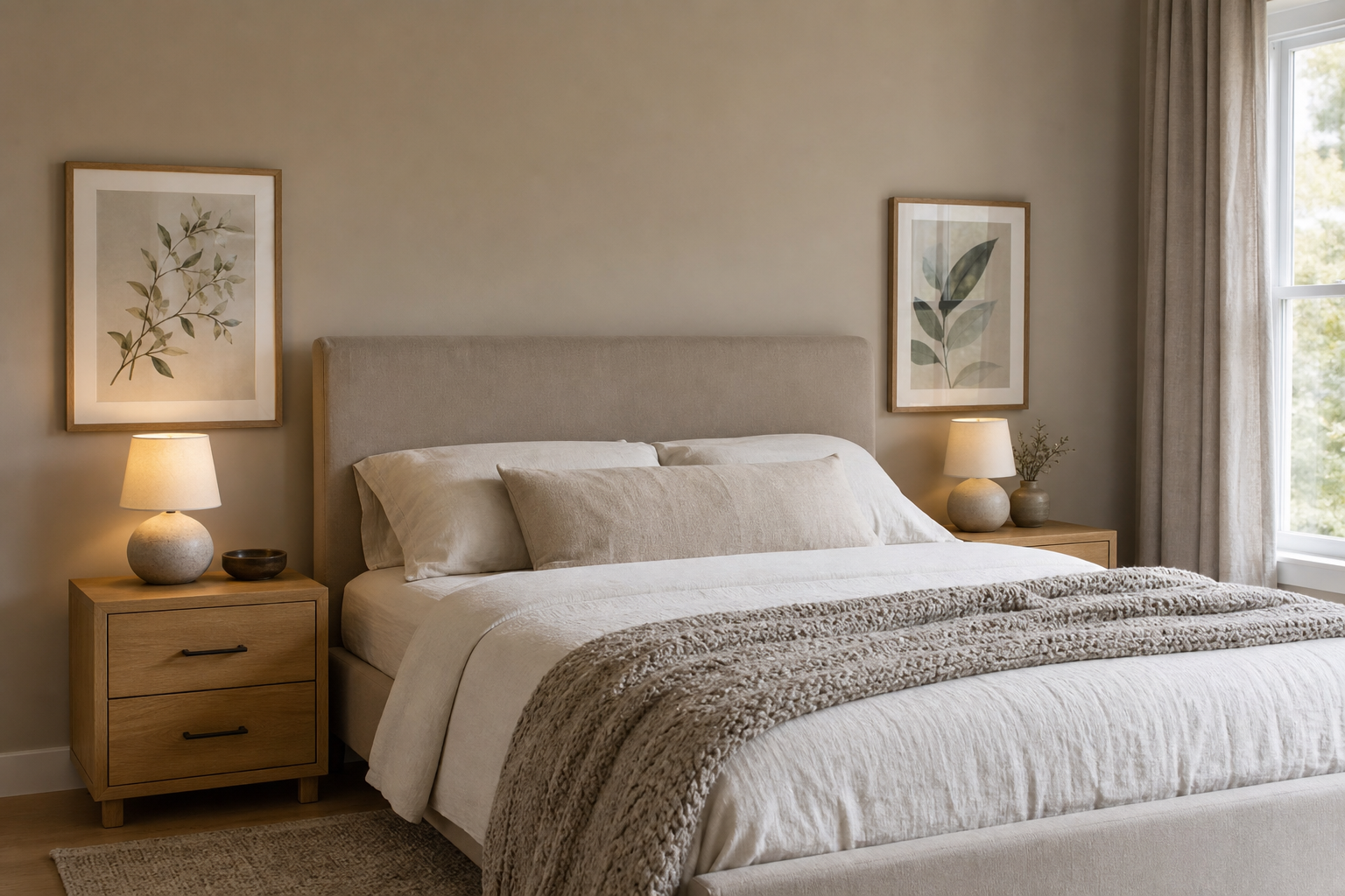 bedroom with pair of 11x14 framed art prints above nightstands
