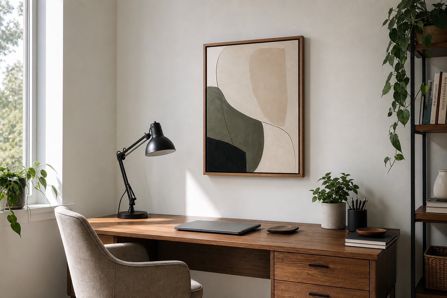home office desk with one 11x14 framed abstract print above it
