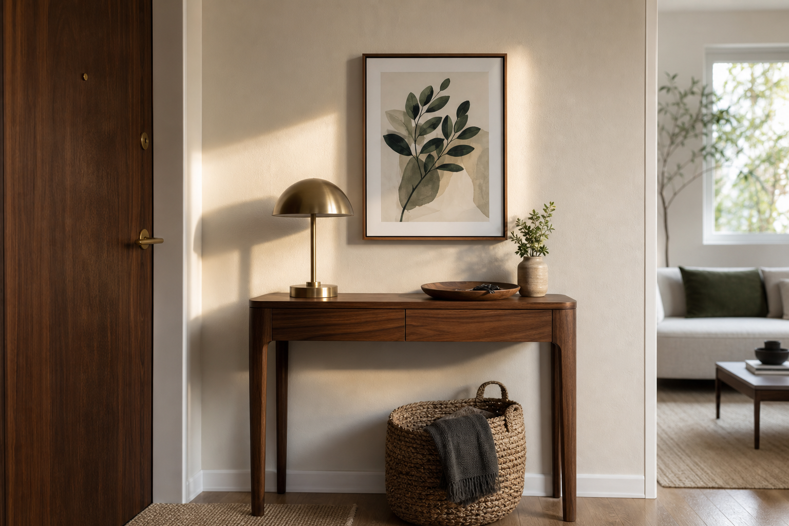 small entryway wall with framed 11x14 art and console styling