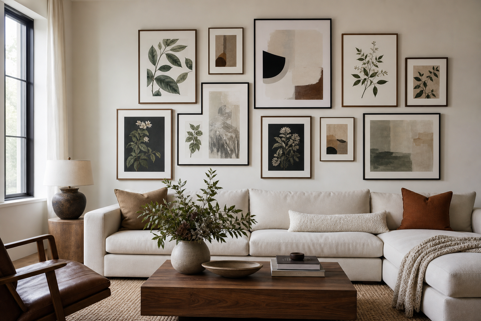 living room gallery wall mixing 11x14 art prints with other frame sizes