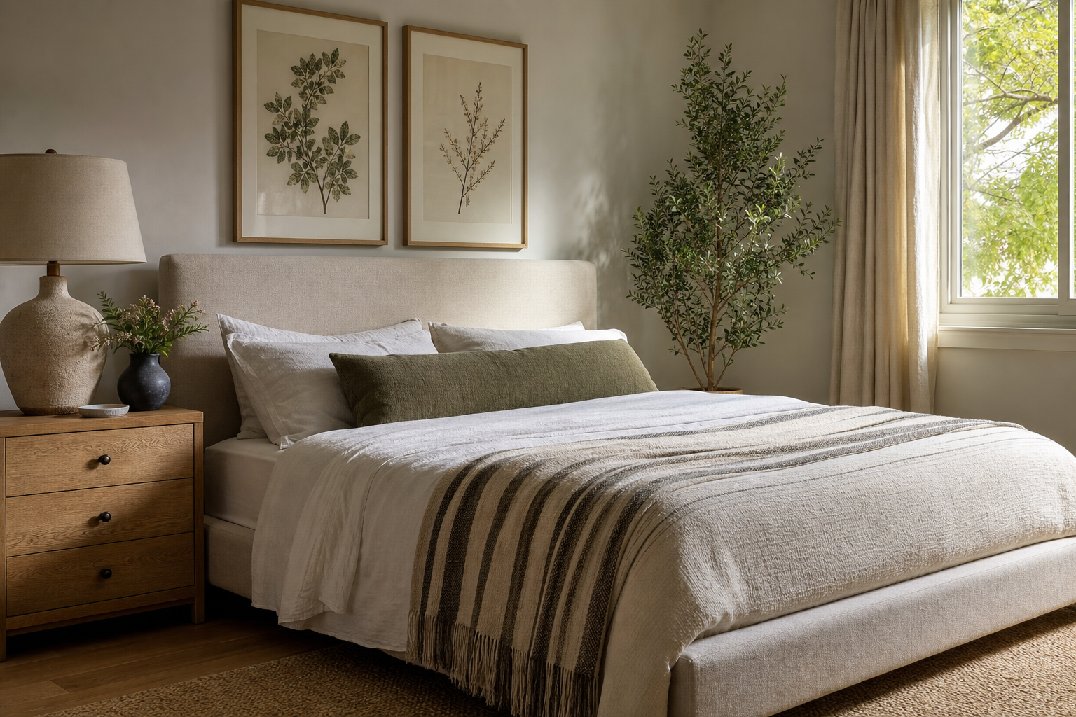 Bedroom with vintage-inspired framed art above bed