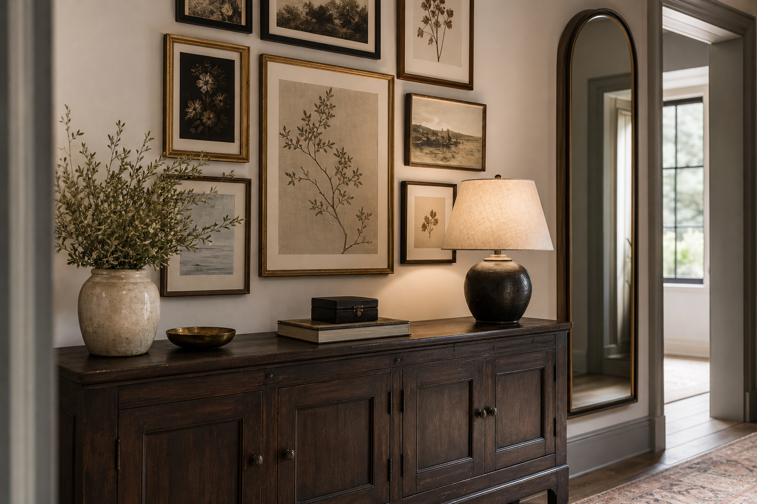 Vintage-inspired gallery wall above sideboard