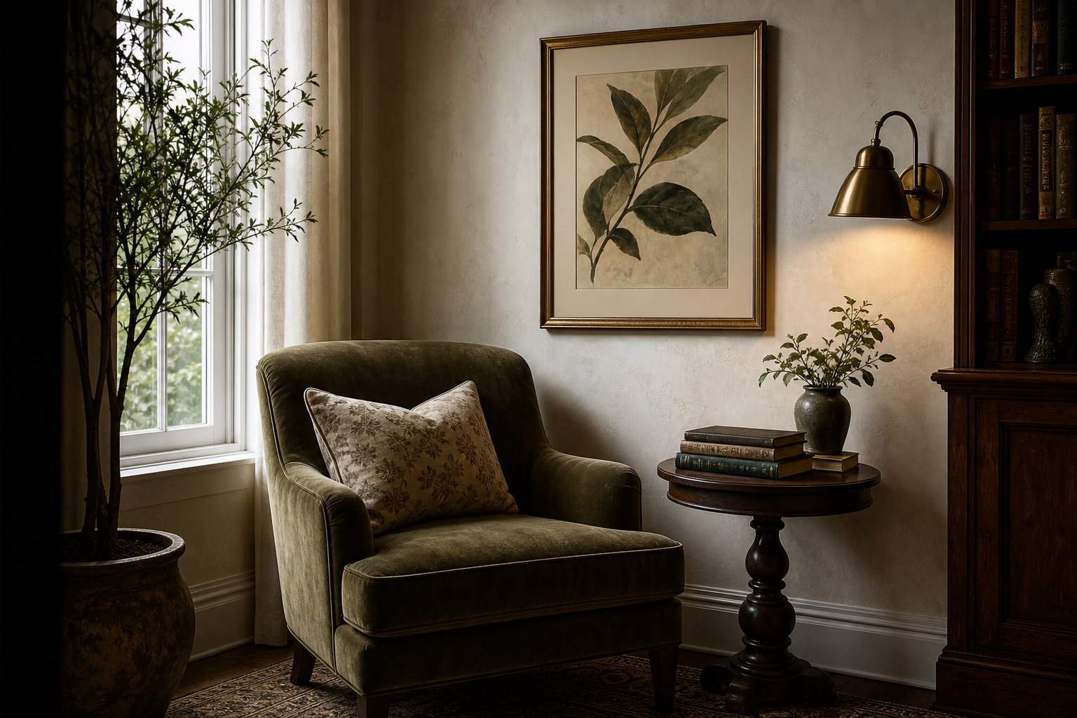 Close living room corner with vintage portrait wall art