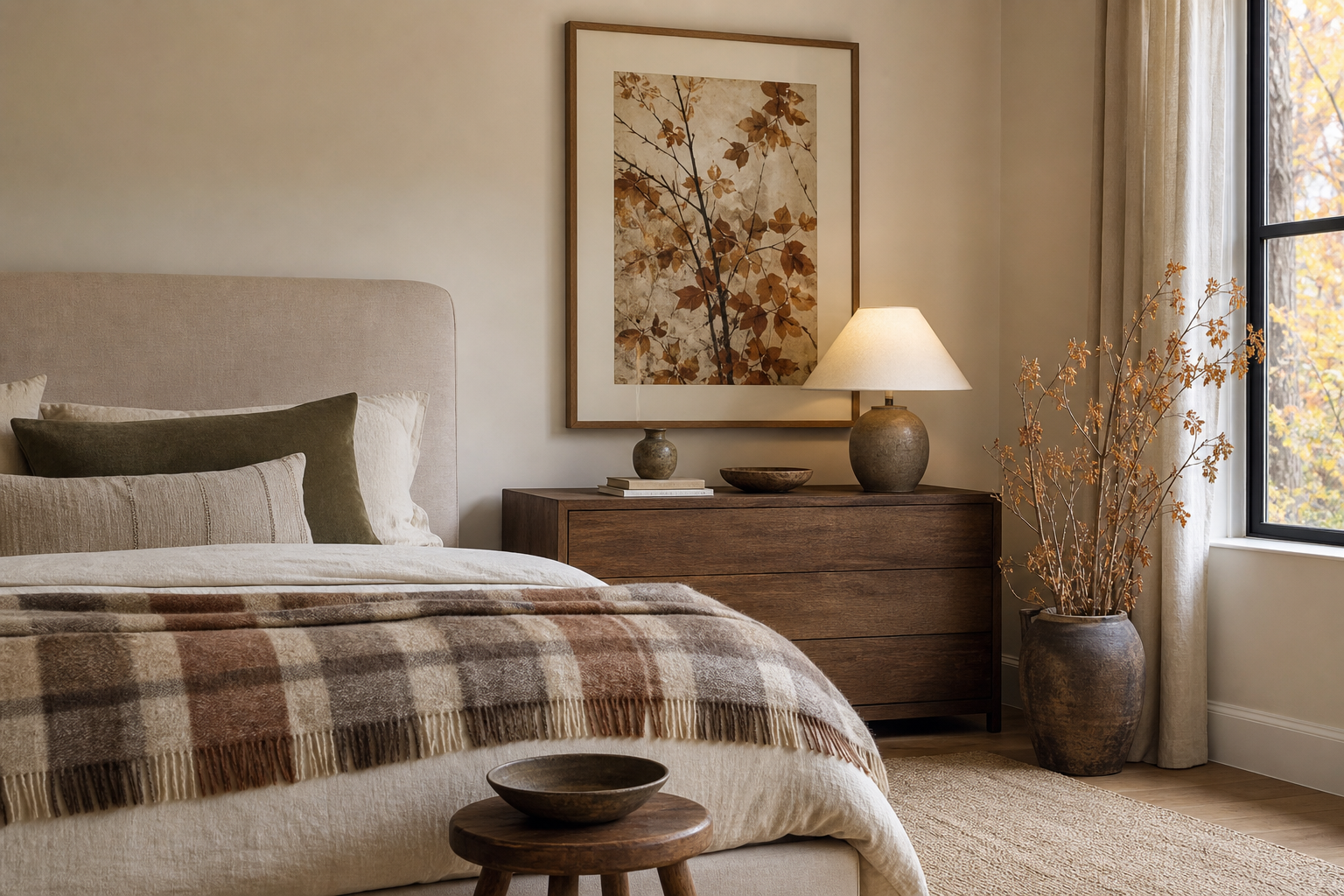 Bedroom corner with warm autumn wall art