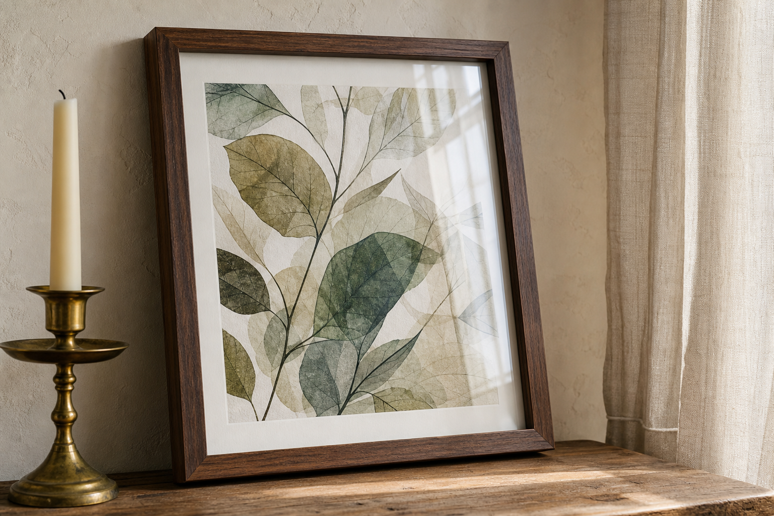 Close-up of wood frame and autumn artwork