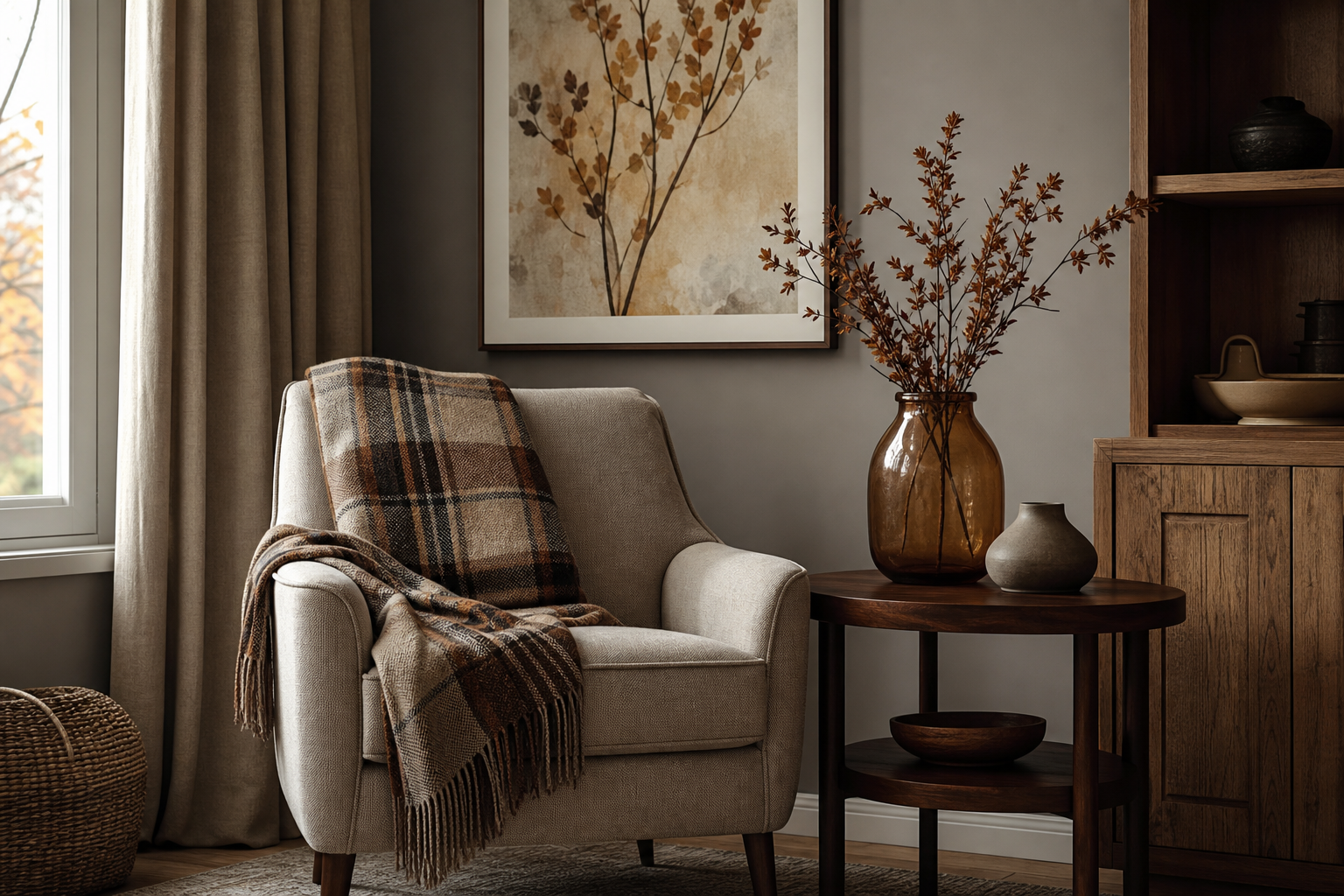 Autumn wall art styled with earthy textiles